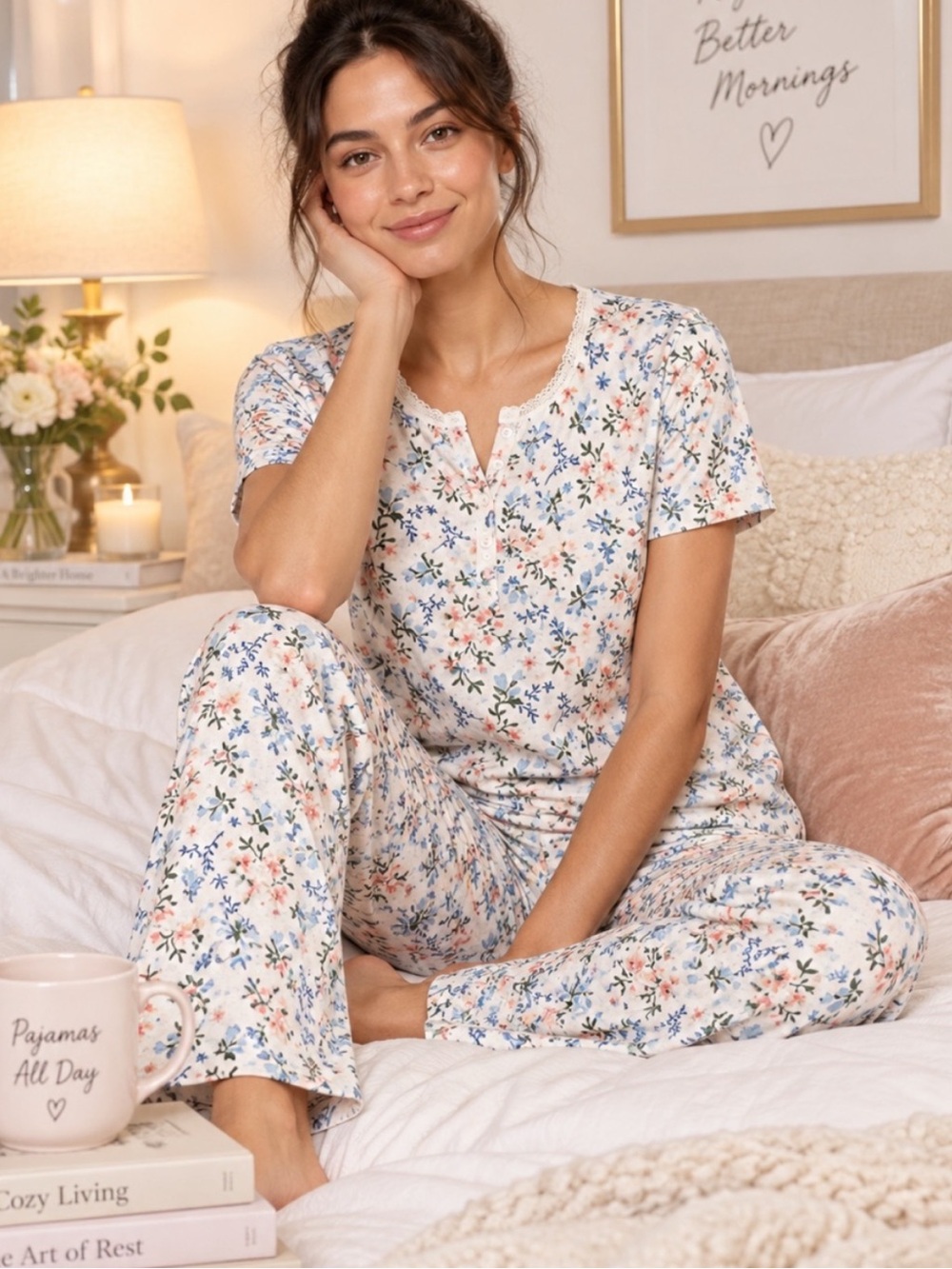 Flora Nikrooz White and Blue Floral Pajama Set Short Sleeve Pockets 😍